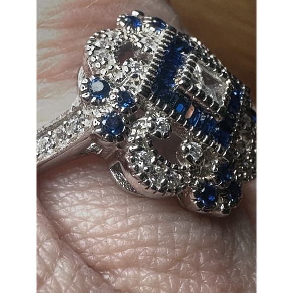 Art Deco Style Lab Created Diamond & Sapphire Sterling Silver Ring Sz 7 - Picture 3 of 8